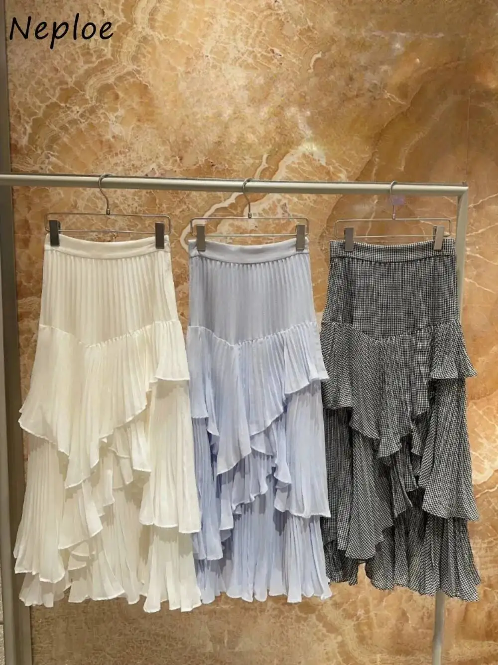 

BabYoung Temperament Ruffles High Waist Slim Fit Chiffon Plaid Mid-Length Mujer Faldas Japan Irregular Voile Cake Skirt