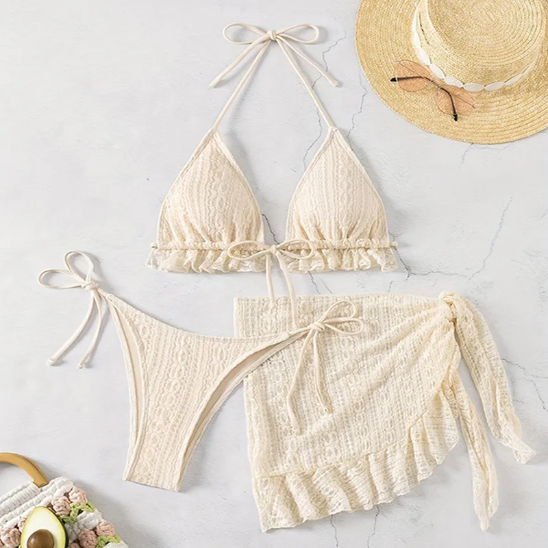 Sexy Beige Mesh Swimsuit Cover Ups String Micro Thong Bikini Women Swimwear 2026 Beach Wear Triangle Bikinis Set 3 Pieces Damen