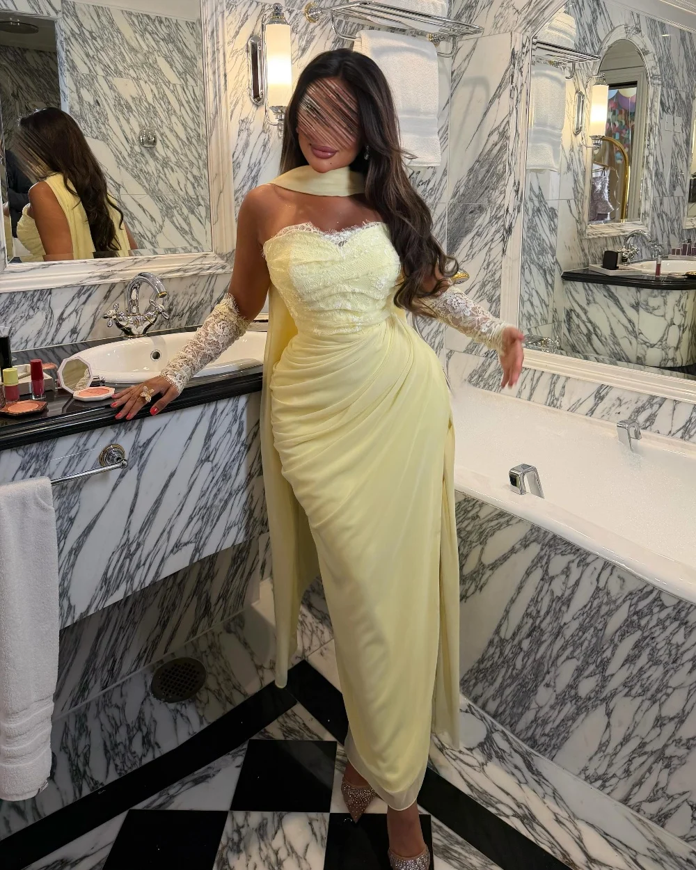 Customized Yellow Elegant Chinese Style Chiffon Pleat Draped Lace Shawl Straight Strapless  Ankle Length Evening Dresses Retro