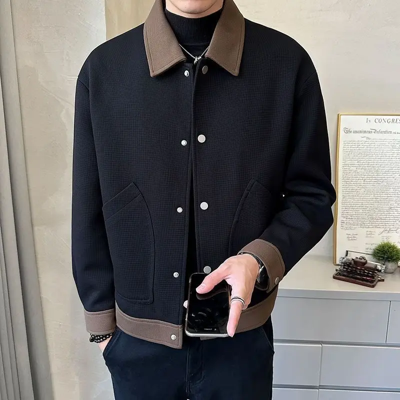 Men's Clothing Long Sleeve Turn-down Collar Flocking Solid Color Button Up Cardigan Coats Fashionable Casual Autumn Winter Tops