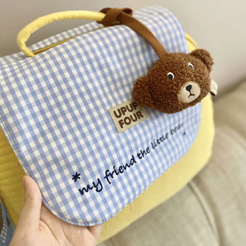 MILANCEL Parent-child Bag Mom Messenger Bag Backpack Kids Backpack Cute Bear Pendant Plaid Bag