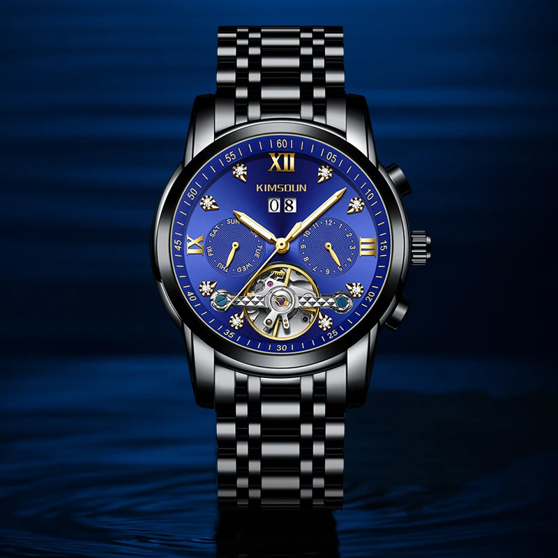 A men's black steel strap business temperament Arabic numerals date display fully automatic mechanical watch