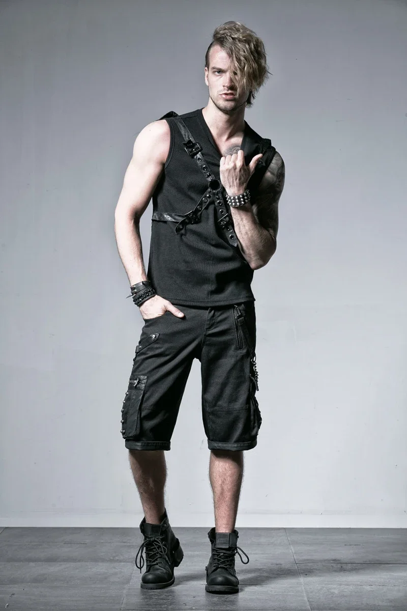 PUNK RAVE Gothic Black 100% Cotton Rib Summer Vest Fashion Chest Crossband Haulage Motor Men Cool