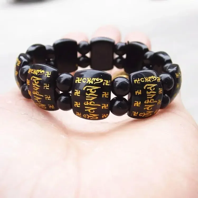 

New six-character mantra hand row men's and women's obsidian bracelet square row Buddha bead bronzing square brand bracelet
