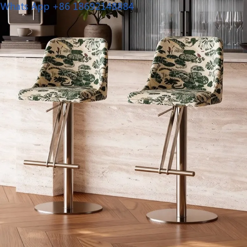 

French Retro Bar Stool Mid-Century Style Home High Stool Island Chair Stainless Steel Adjustable Backrest Chair