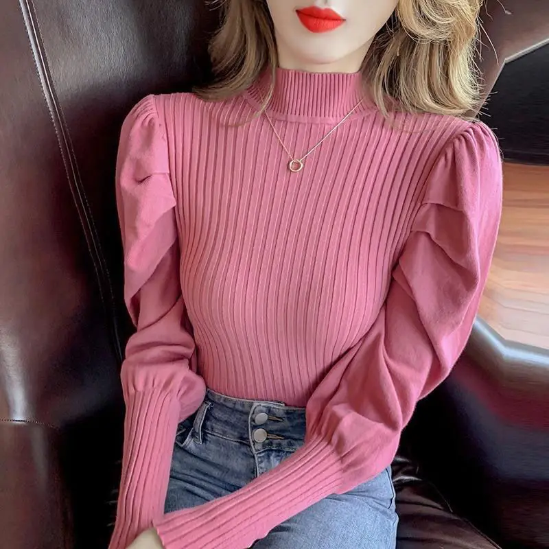 Autumn Winter Fashion Half High Collar Elegant Chic All Match Rib Knit Sweater Women\'s Solid Slim Long Sleeve Ladies Tops Jumper