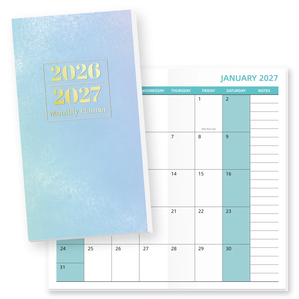1pc A6 2026-2027 Monthly Planner, Jul 2026-Aug 2027 Pocket Calendar with Notes, Holidays, Blue Gradient Cover