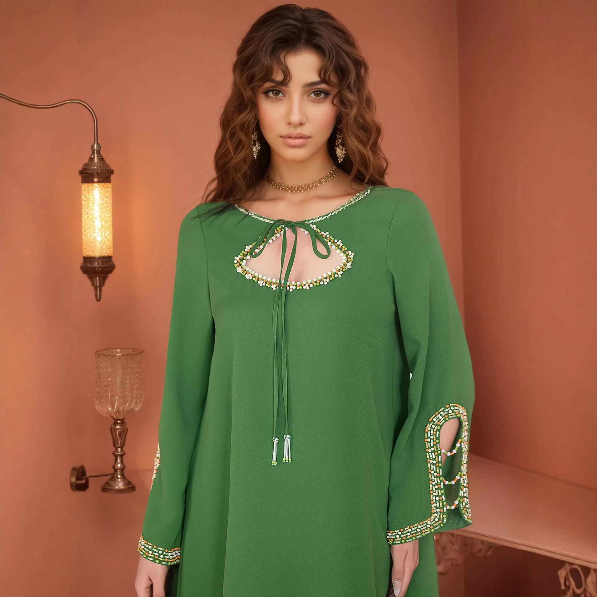 Vestido elegante musulmán con cuentas para mujer Abaya Dubai Kaftan Eid Djellaba Islam Jalabiya caftán marroquí bata para mujer Vestido Abbayas Abayo