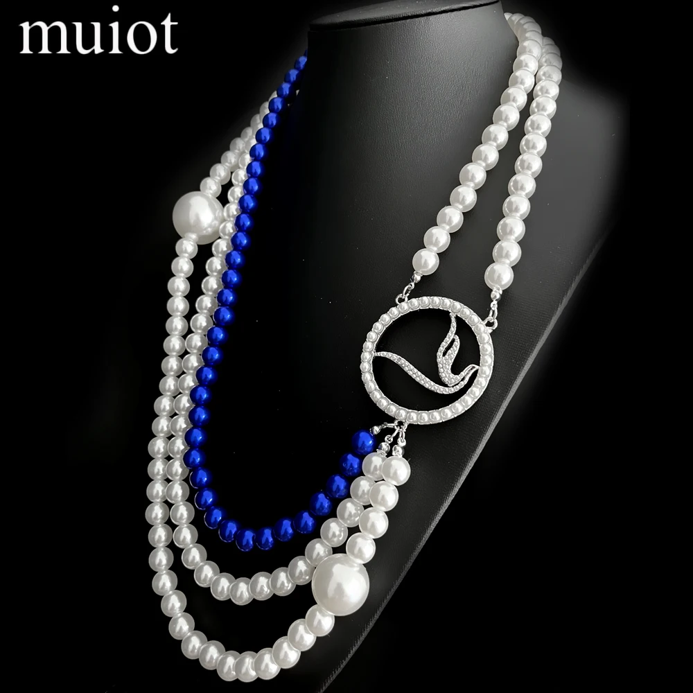 Muiot Pop College Women Sorority ZETA PHI BETA Society Dove Metal Charm Multi-layer Pearl Chain Long Necklaces