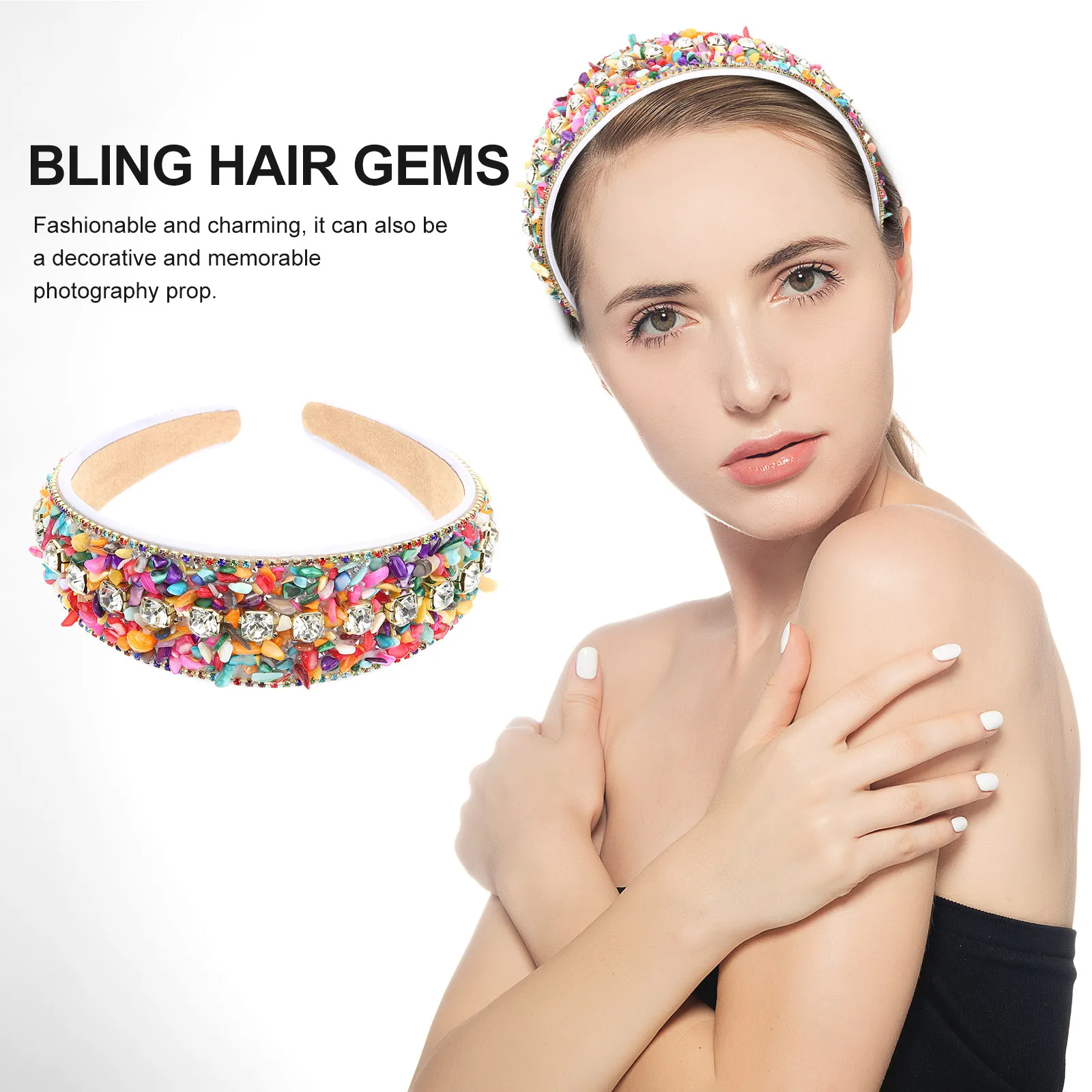 

Красочная повязка на голову, 1 шт., украшенная стразами, с бирюзовыми искусственными камнями, мягкая, с подкладкой, широкая, для женщин, для вечеринок и повседневной носки