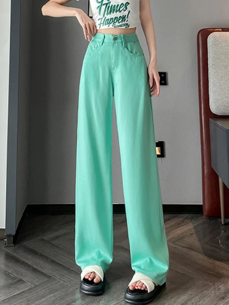 Lake Blue Green High Waist Wide Leg Jeans Spring and Summer Women's New Cotton Elastic Loose High Waist Vertical Straight Jeans