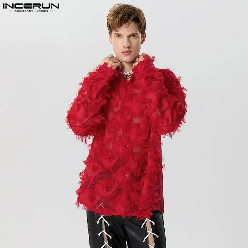 Fashion Casual Style Tops INCERUN New Men's Stage Hot Selling Plume Tassel Design Shirts Handsome Male Long Sleeved Blouse S-5XL