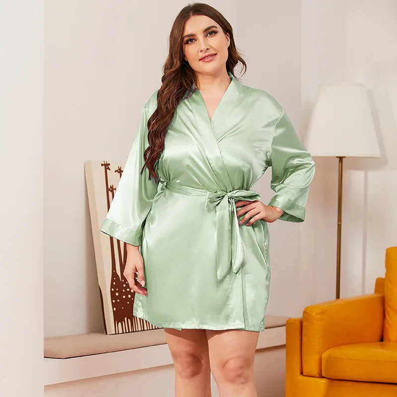 Women Sexy Silk Robe With Belt Short Satin Plus Size Kimono Robe Bridesmaid Party Dressing Gown Sleepwear Bathrobe