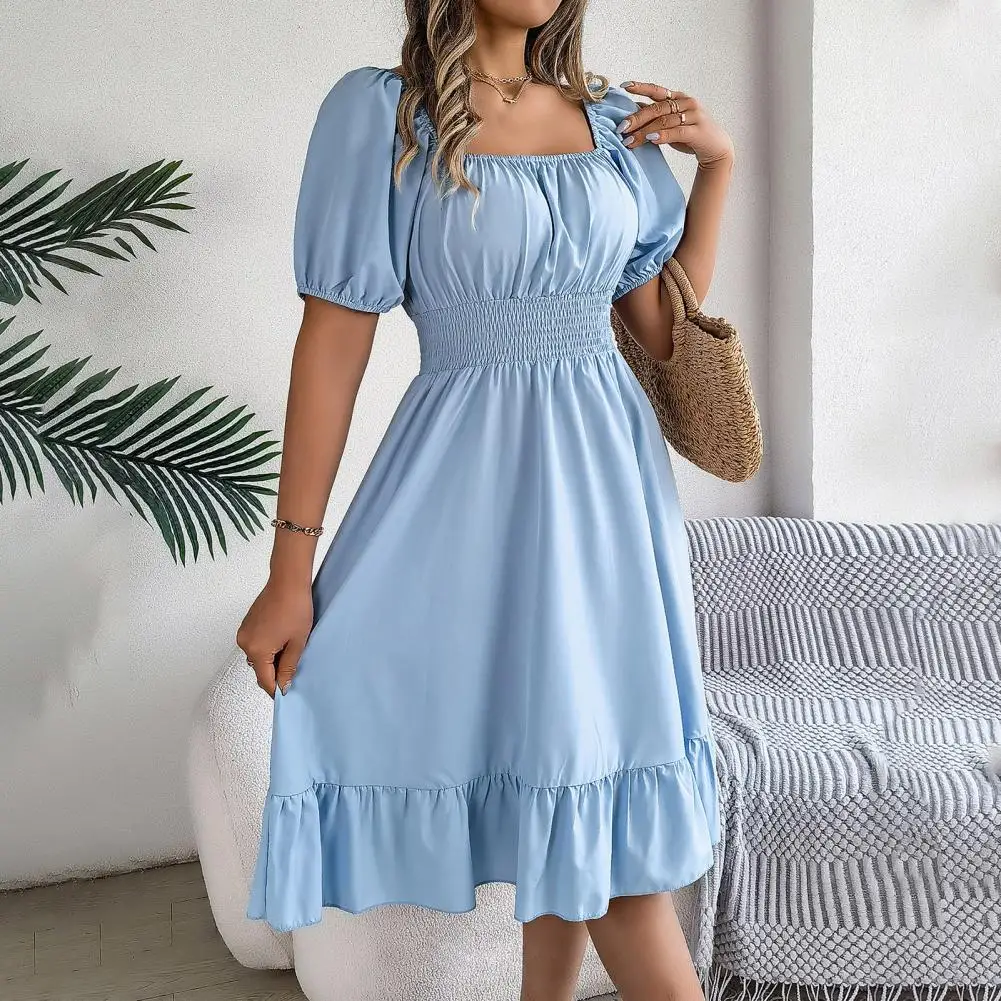 

Lady Dating Dress Elegant Square Neck A-line Midi Dress with Ruffle Patchwork Detailing for Women High Waist Slim Fit for Dating