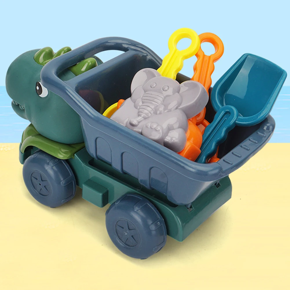 6Pcs Dinosaur Summer Beach Toys with Dump Truck Sand Molds Shovel Rake Sand Sifter Sand Toys for Kids Toddlers Boys Girls