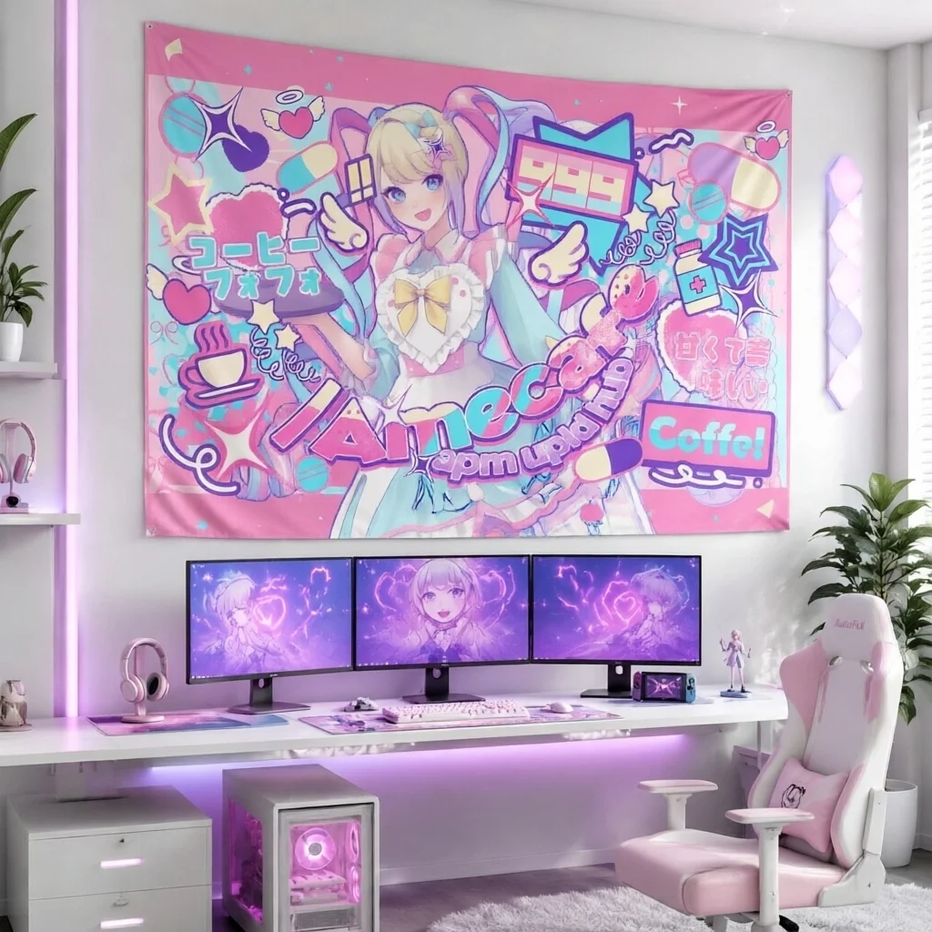 k-KAngel Pixel Tapestry, Pastel Y2K Internet Angel Wall Hanging, Kawaii Aesthetic Decor for room decoration items