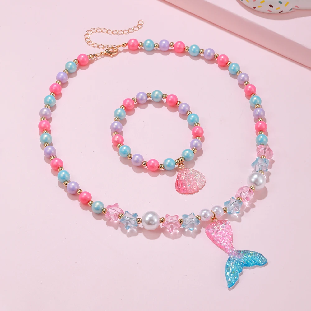 2Pcs/set Girl Princess Mermaid Shell Charm Necklace Bracelet Jewelry Set for Daughter Niece Girls Best Party Birthday Gifts