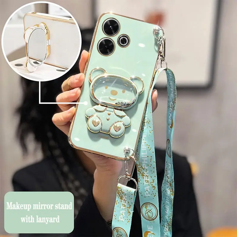 13 Cute Raccoon Makeup Mirror Plating Phone Holder Case For Xiaomi Redmi 13 13C A3 Turbo3 Shatterproof Soft Back Cover