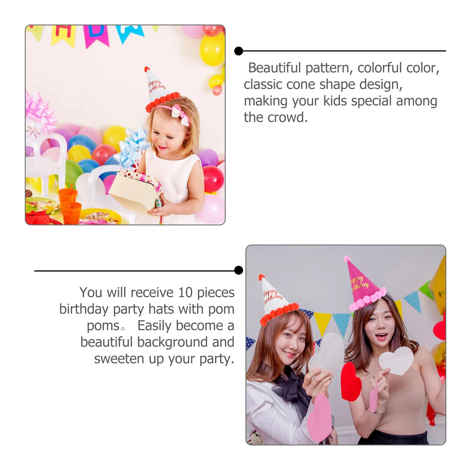 

10pcs Birthday Pompom Kids Party Cone Hats Glitter Ball Hats Baby Children Party Decoration Accessories Random Color