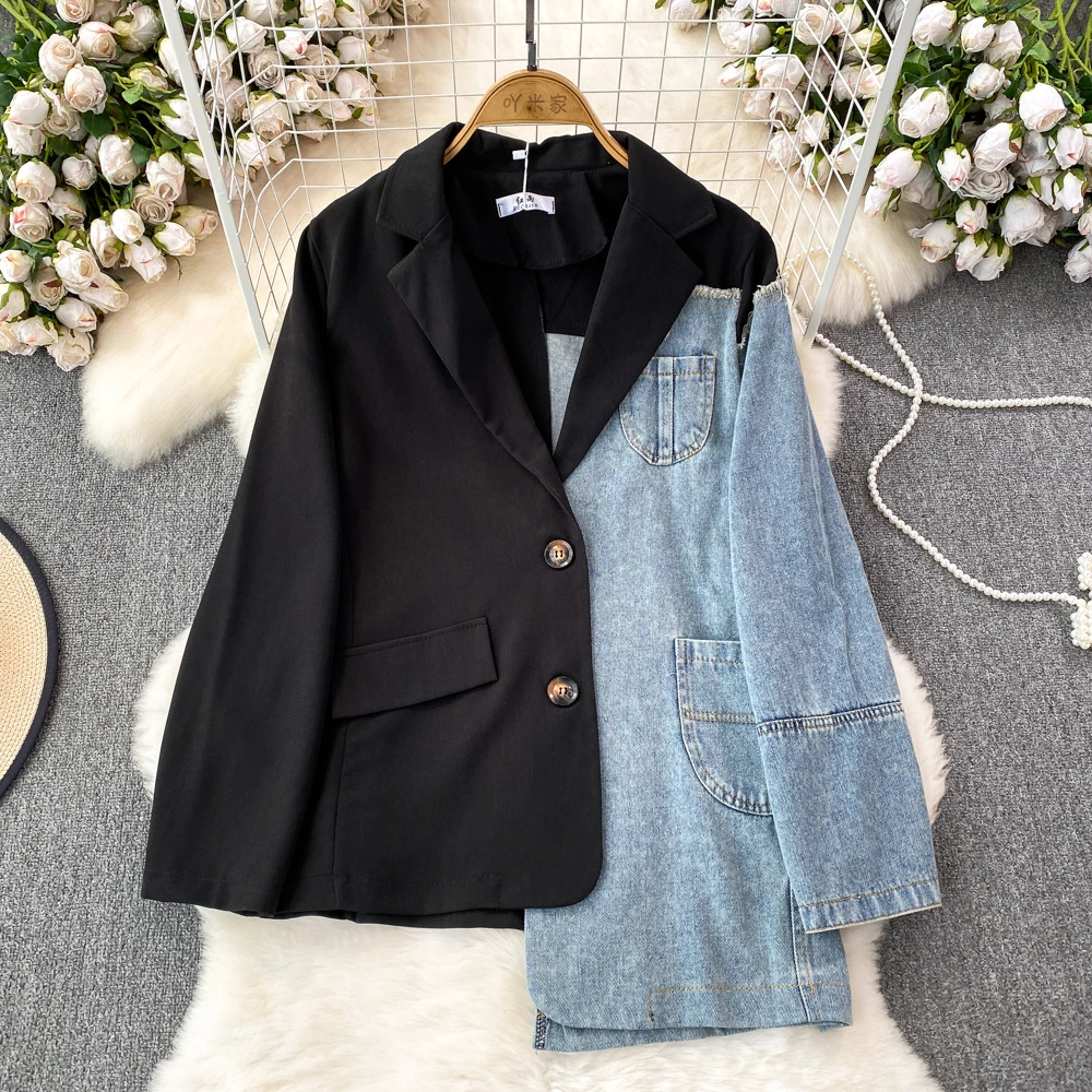 Design Denim Patchwrok Coat For Women Autumn Spring Single Breasted Irregular  Jacket Matchting Color Women\'s  Jackets