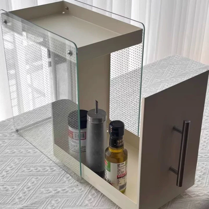 Modern Creamy Kitchen Caddy Organizer with Lids‌ - Slide-Out Seasoning Holder with 4 Non-Slip Wheels for Easy Access Storage