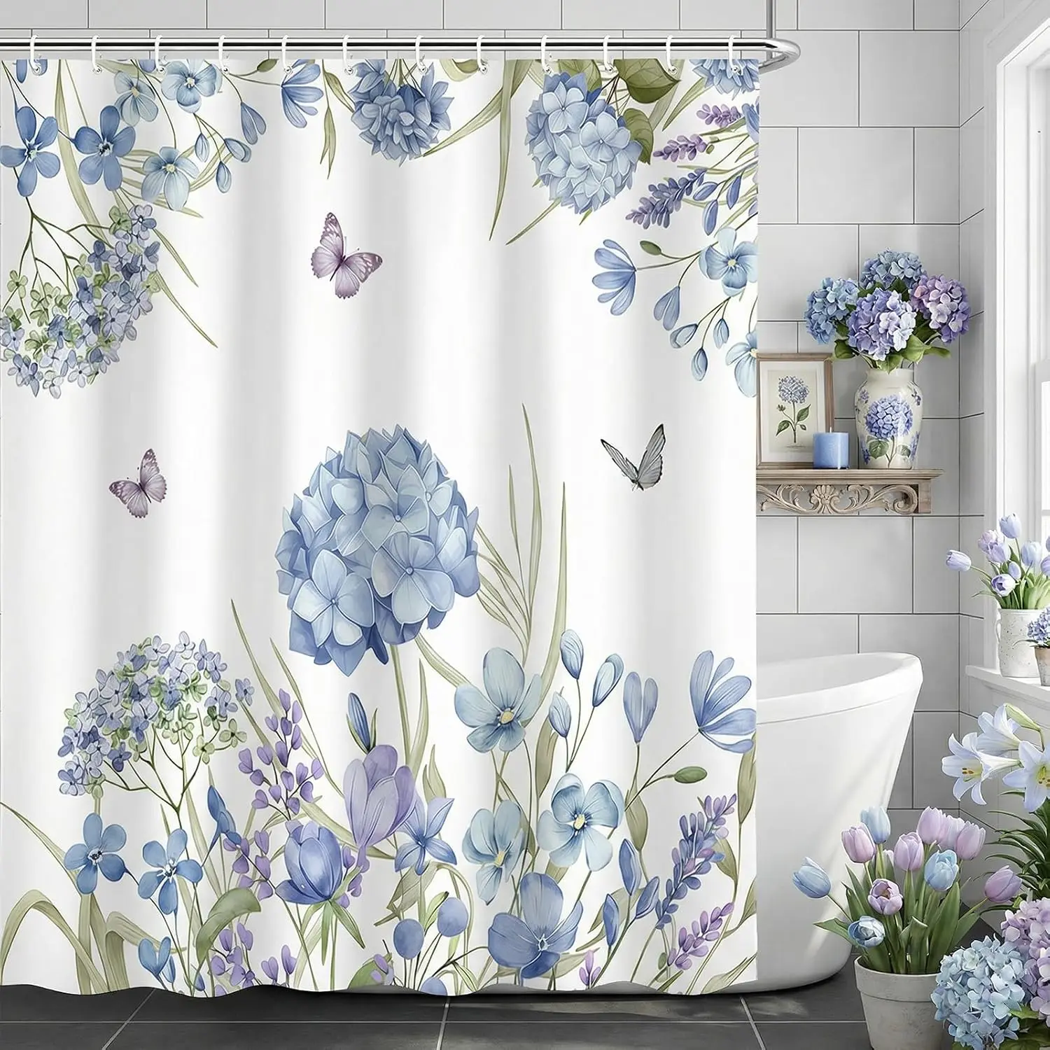 Watercolor Floral Shower Curtain Waterproof Blue Purple Spring Blooms Bathroom Decor Liner for Modern Stylish Home
