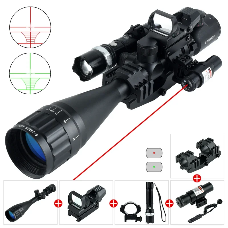 

6-24x50 AOEG Rangefinder Sight Rifle Scope with Holographic 4 Reticle Sight Red Dot Green Dot Laser Combo Riflescope