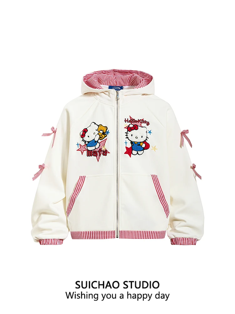

Оригинальная толстовка Suichao с вышивкой Hello Kitty, свободный кардиган-жакет для девочек, весенний, хлопковый, длинный рукав