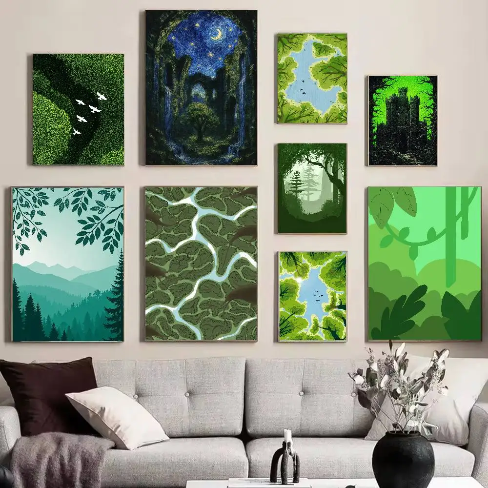 Green Forest Lake Landscape Poster Mountain Valley River Moon Night Tree Silhouette Natural Wild Scenery Bedroom Cottage Decor