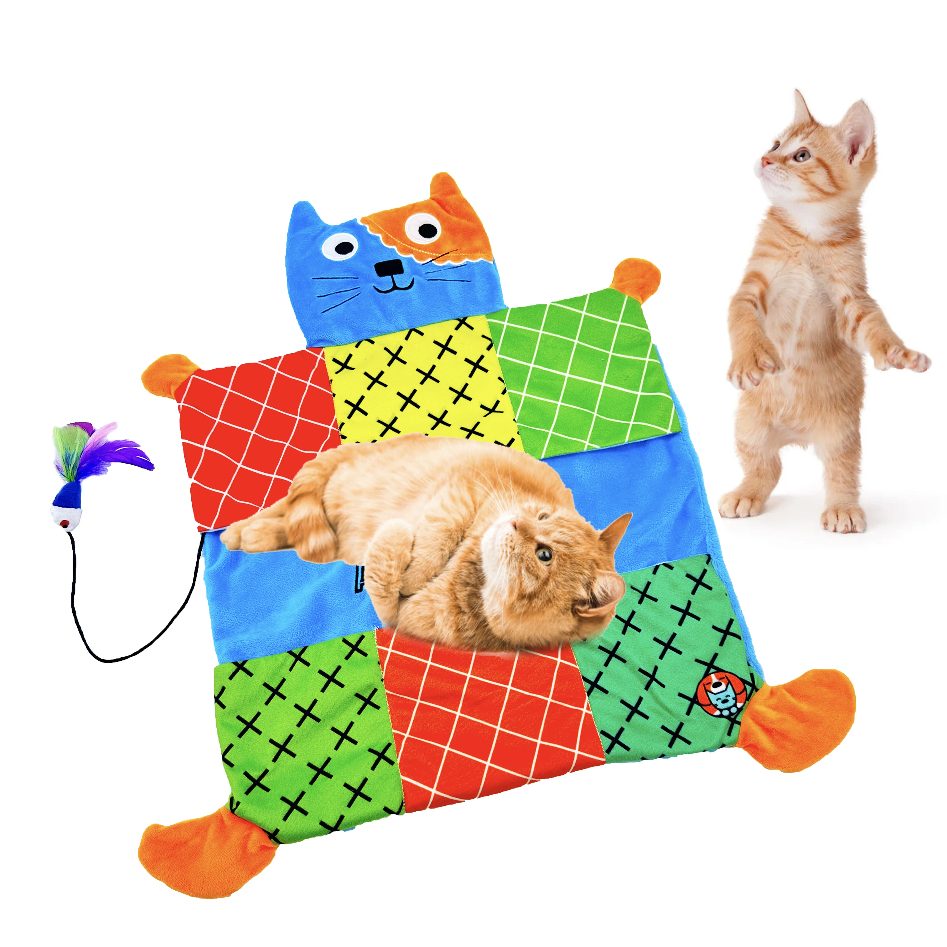 

Colorful Cat Play Mat with Interactive Feather Toy-Soft and Cozy for Hours of Fun-Perfect for Pet Entertainment (165g, 50x48cm）