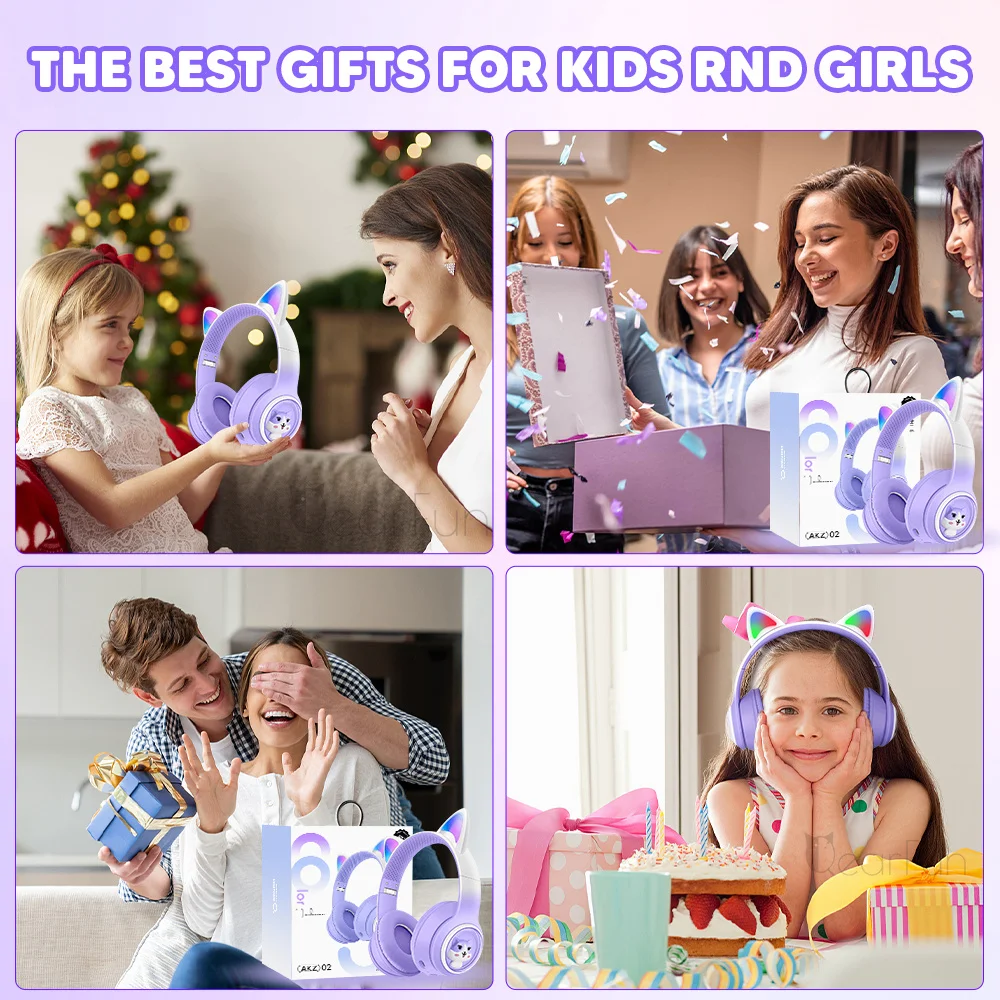 Градиентные наушники с кошачьими ушками, Детские беспроводные наушники RGB для девочек с микрофоном, стереонаушники для дочери, детские наушники, рождественские подарки