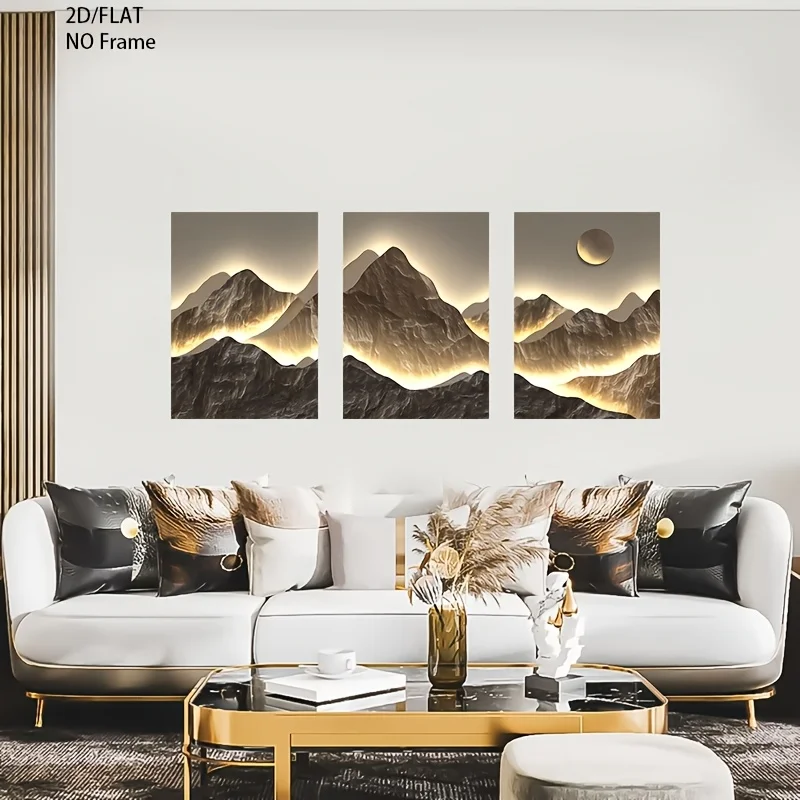 3pcs/set 2D Flat Wall Art Prints, Illuminated Mountain Scenery, Full Moon, Vintage Posters, Luxurious Canvas Home Decoration,
