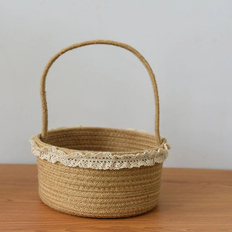 Small Round Cotton Rope Woven Storage Basket with Lace Decor Nesting Bins for Home Organizing Wedding Flower Basket