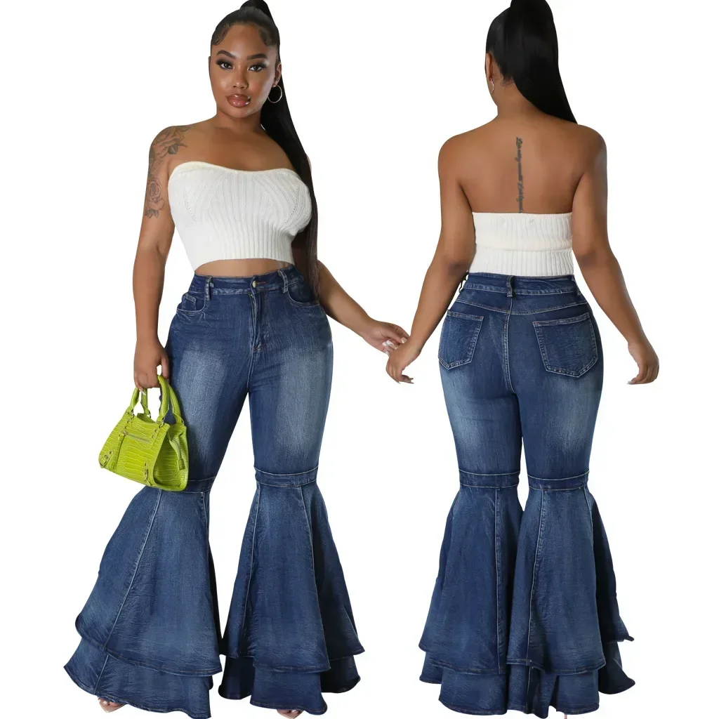 Casual Versatile Big Flared Shape Splicing Jeans Women Fashion Wide Leg Blue Washed Denim Pants Commuter Cotton Stretch Trousers