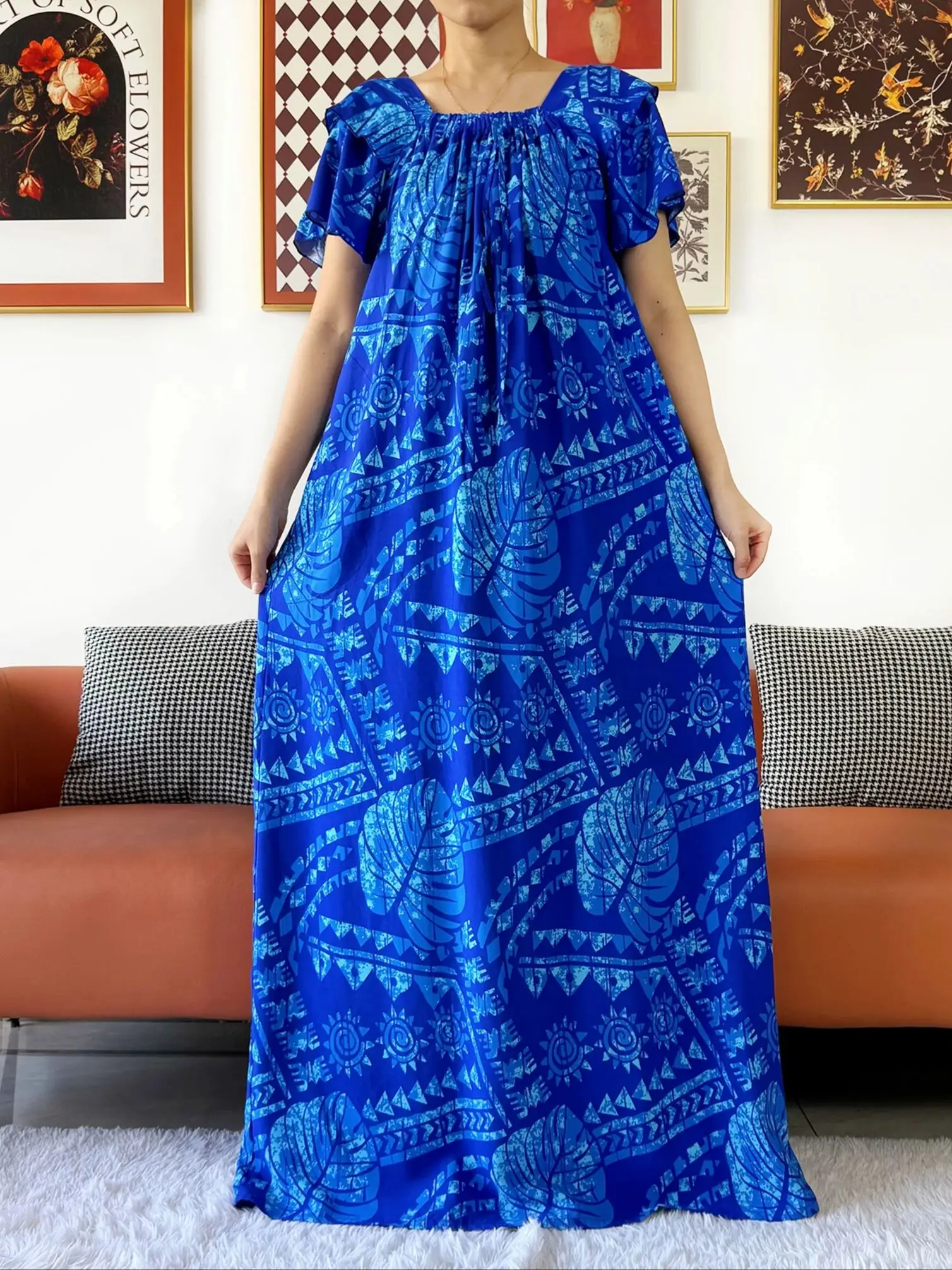 Newest African Lady Summer Short Sleeve Dress Boat-Neck Loose Floral Maxi Boubou Maxi Islam Women Dress African Abaya Clothes