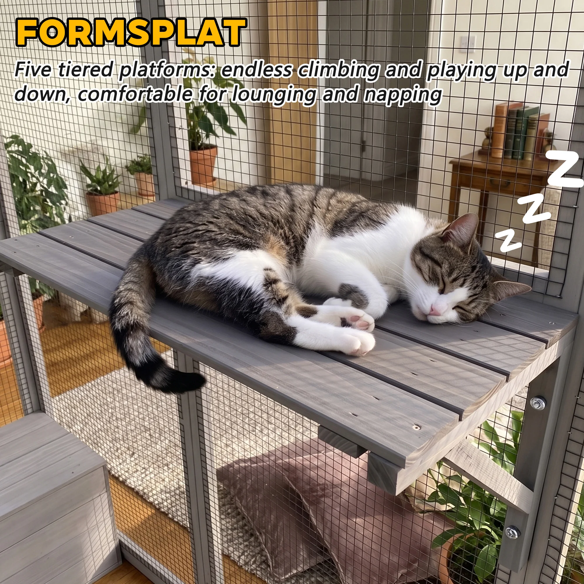 Gray Wooden Catio Pet Enclosure with Waterproof Top, Spacious and Secure Cat House & Small Animal Cage,2 Napping Boxes view 2