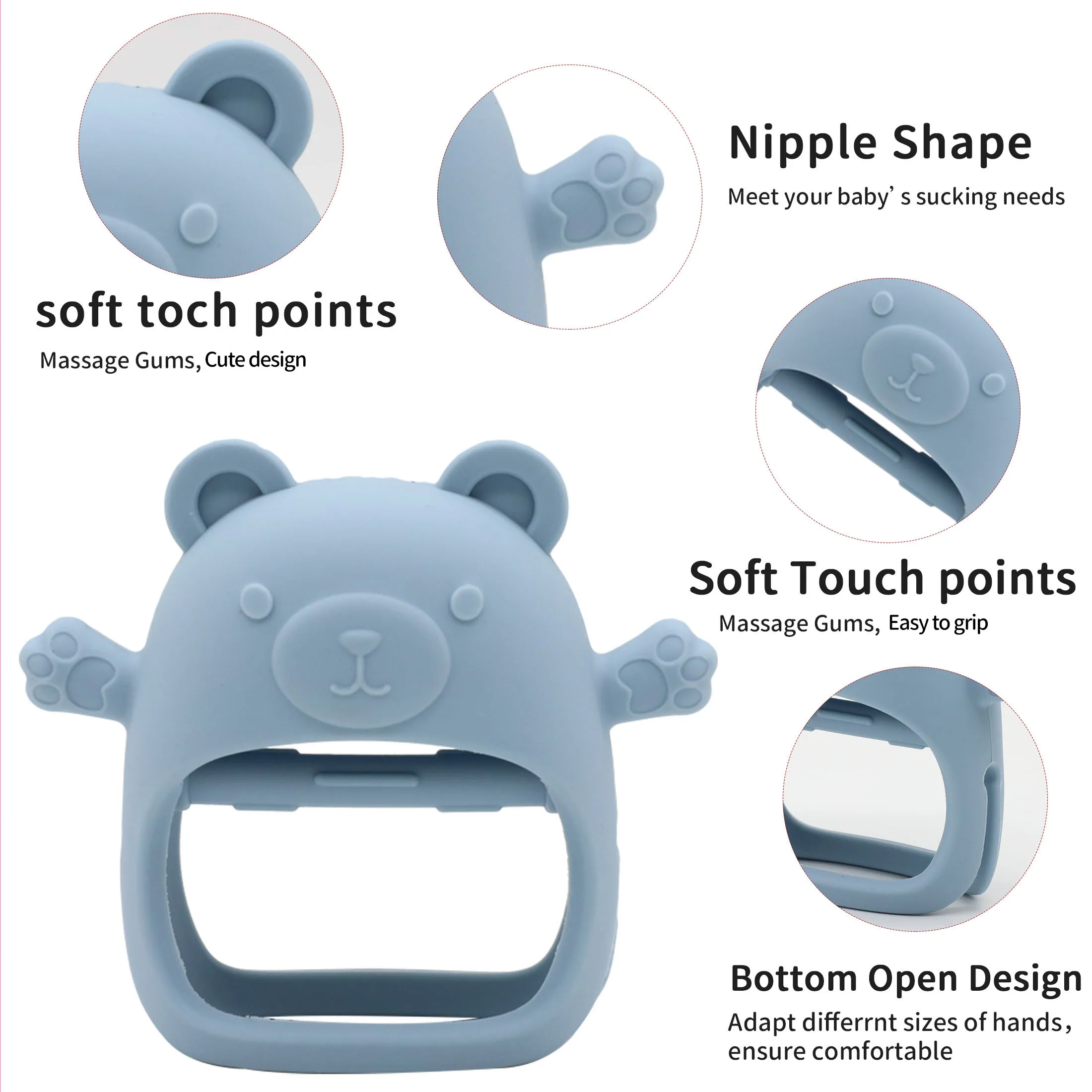 아기를 위한 실리콘 테디베어 젖니가 남 장난감, 잡기 쉽고 음식 방지 손 장난감