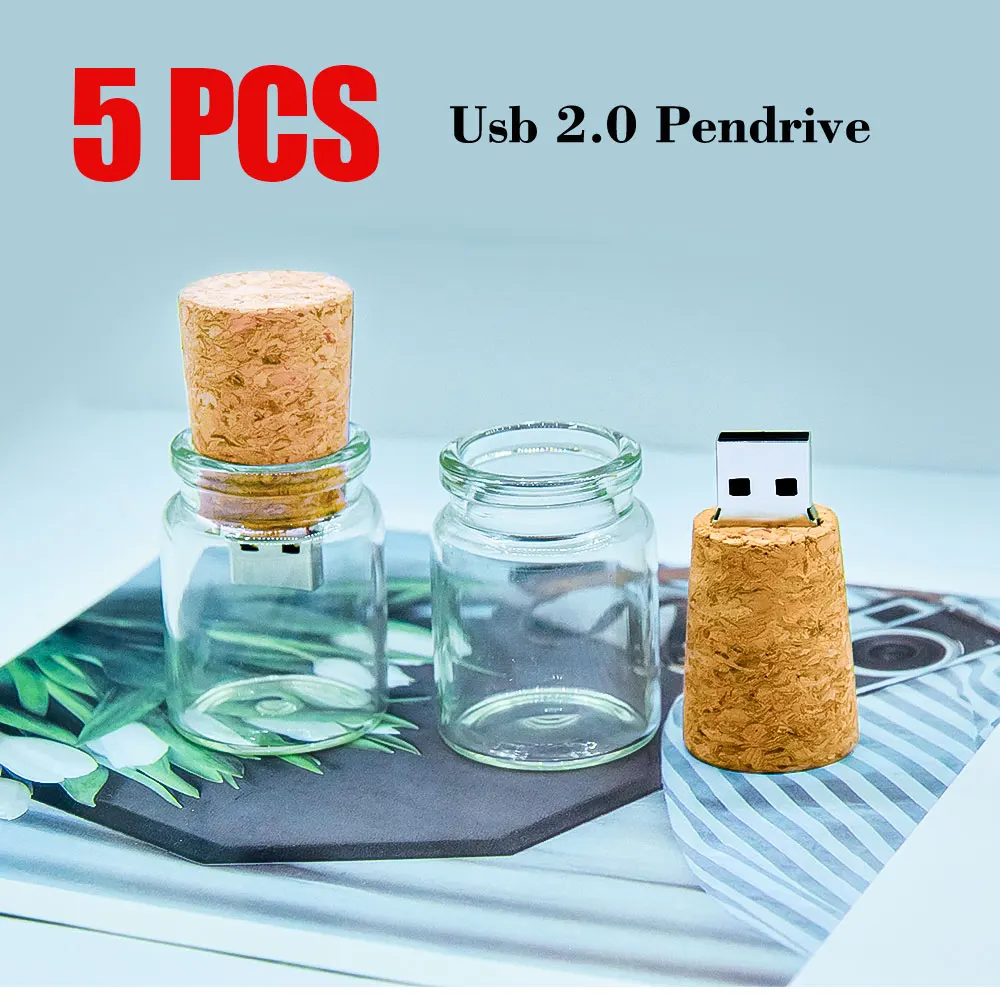 5PCS/LOT Free Custom Logo Glass Bottle USB 2.0 Flash Drive 32GB 64GB 128G High Speed Pen Drives Photography Gifts Memory Stick