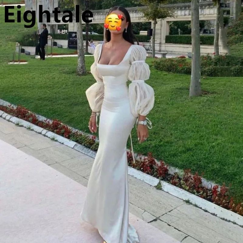 

Eightale Ivory Evening Dresses Mermaid Satin With Square Collar Puff Sleeve Floor Length Formal Prom Gown