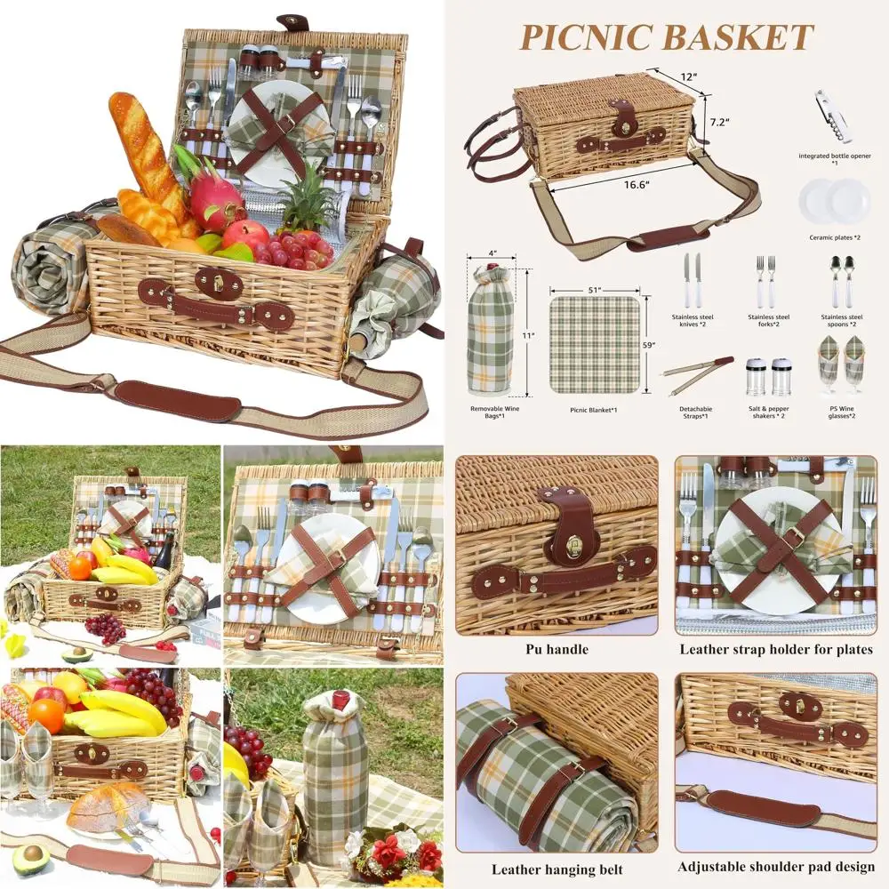 

Willow Picnic Basket Set for Two with Insulated Cooler, Shoulder Strap, and Wine Pouch for Outdoor Adventures and Special Occasi