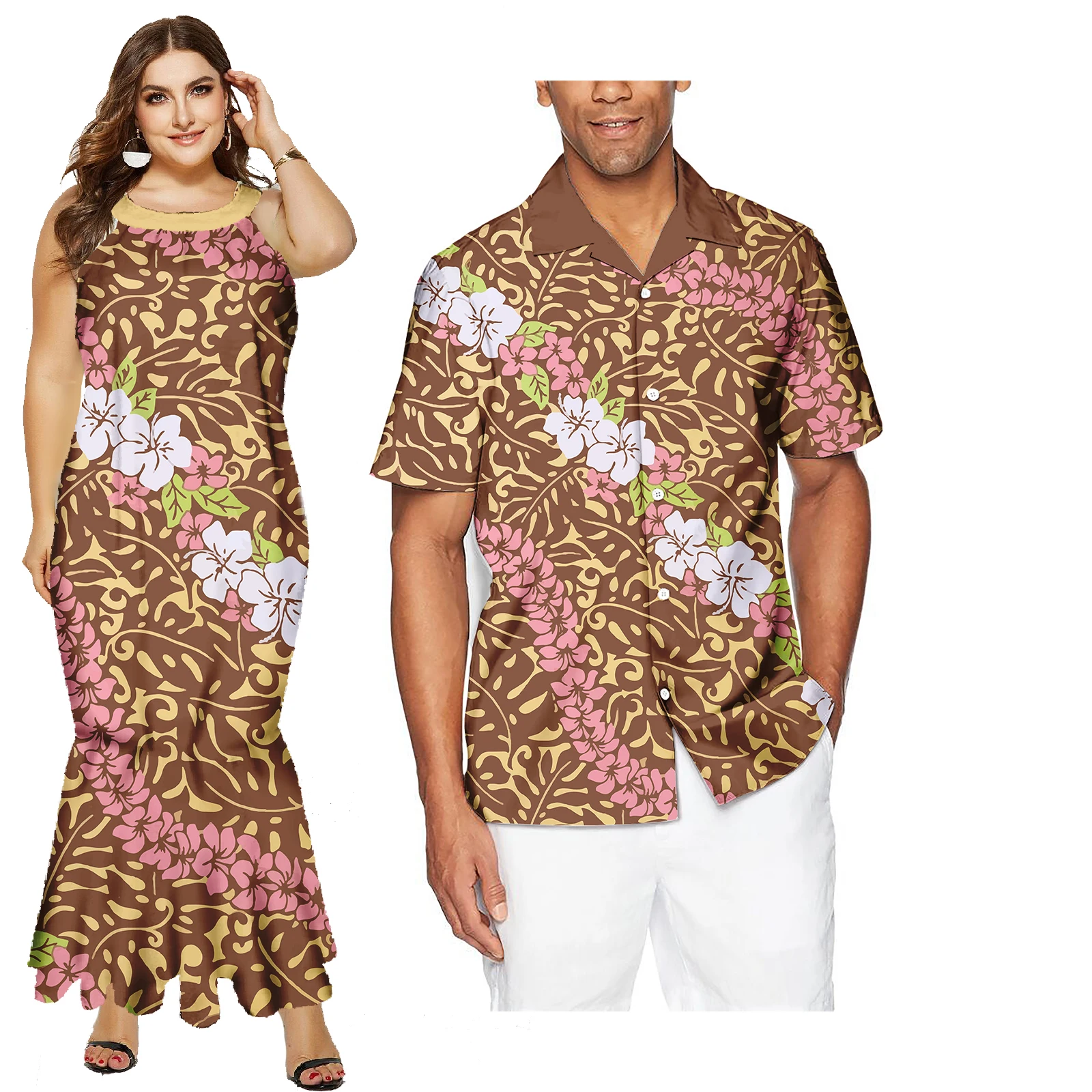 Couple Outfit Sets Elegant Dresses Women Sexy Skirt Samoa Tattoo Printed Polynesian Casual Dress Matching Men Shirts