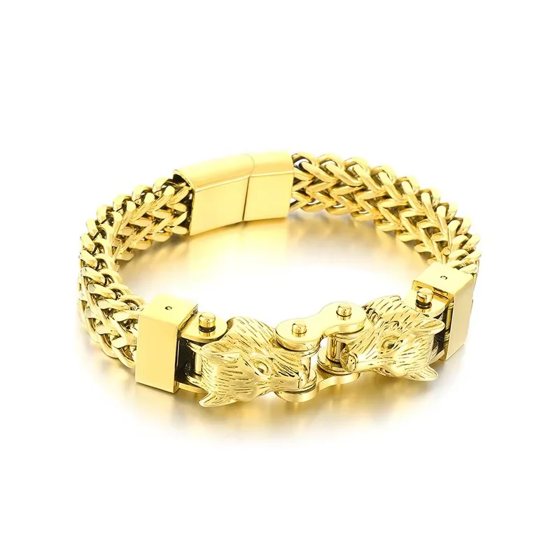 Fongten 215mm Stainless Steel Bracelets For Men Multiple Colour Double Wolf Hand Wrist Net Chain Bracelet Jewelry Wholesale