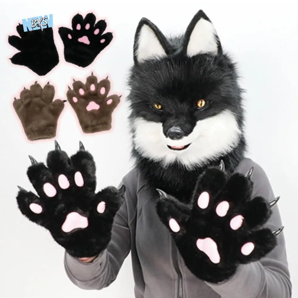 

Cute Wolf Puppy Cosplay Costume Gloves Furry Cartoon Plush Cat Paw Gloves Warm Cosplay Props Animal Claw Mittens Gifts