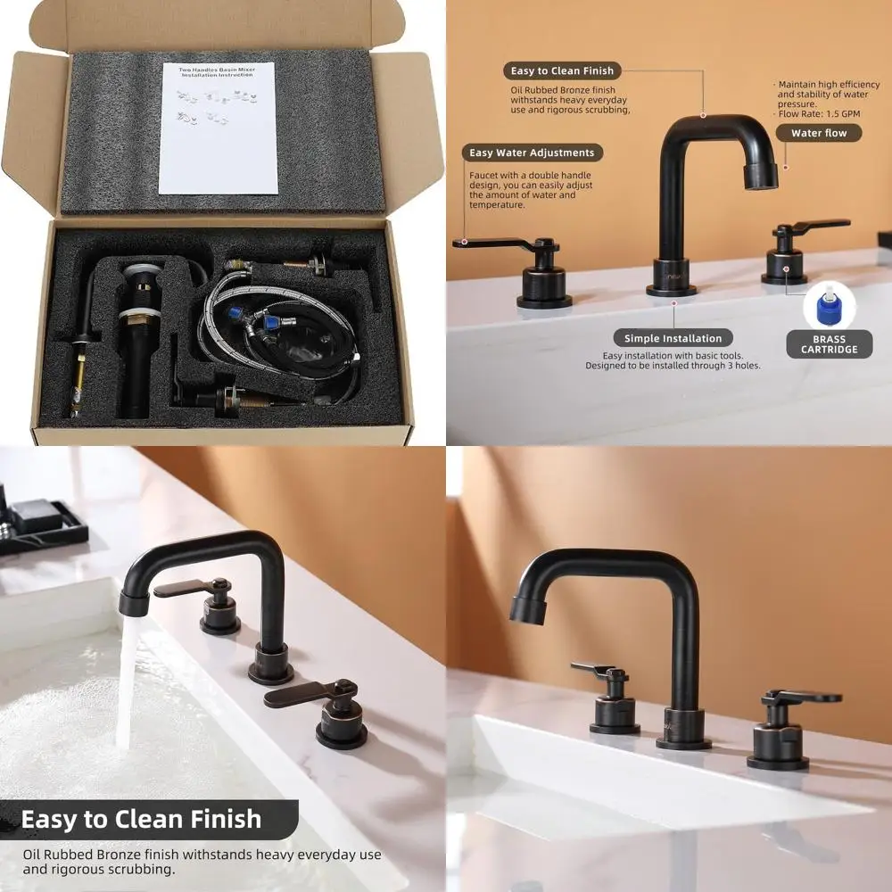 

3-Hole Oil Rubbed Bronze Bathroom Sink Faucet with Metal Pop-Up Drain and Supply Lines