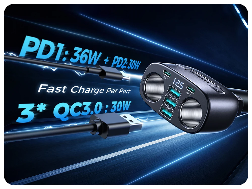 Joyroom 225W Autoladegerät 7-IN-1 Schnellladender USB-C-Autoladegerät-Adapter mit unabhängigen Schaltern für Handys, GPS, Dashcam CL51 – Detail 2