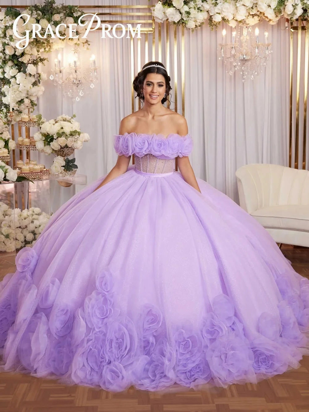 

Romantic Lavender Purple 3D Flowers Ball Gown Elegant Off The Shoulder Sequin Quinceanera Dress Formal Appliques Lace Vestidos D