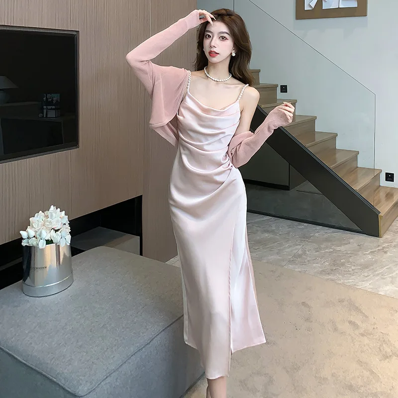 

Acetate Satin Dress Two-Piece Set Women's Summer Sling Cape Top Suit Pure Desire Pansy Spart Skirt