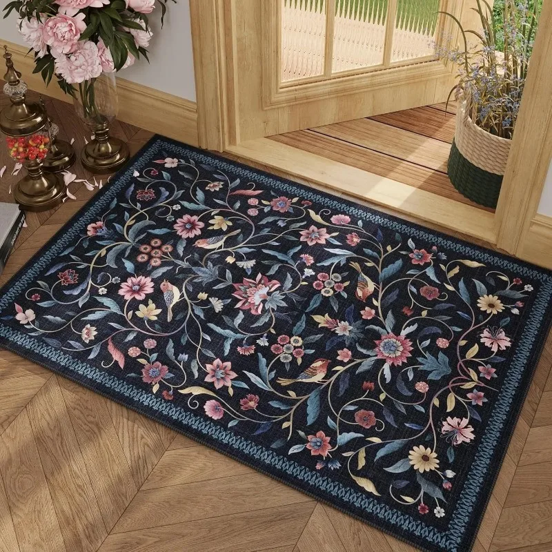 Retro Artistic Floral Bird Pattern Area Rug Boho Ethnic Style Entrance Doormat Bedroom Living Room Kitchen