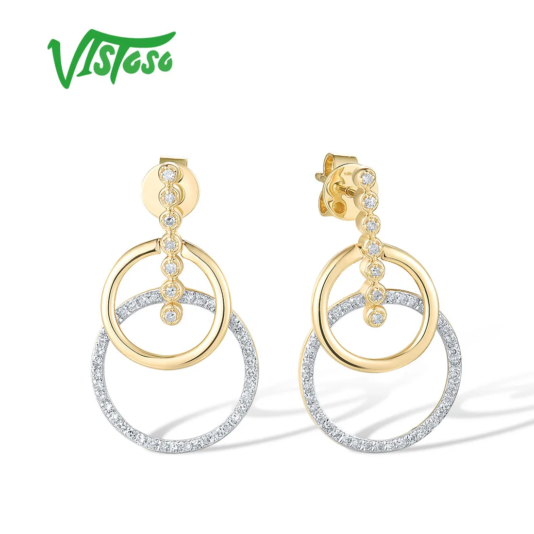 VISTOSO 14K 585 Yellow Gold Stud Earrings For Women Sparkling Genuine Diamonds Circle in Circle Geometric Wedding Fine Jewelry