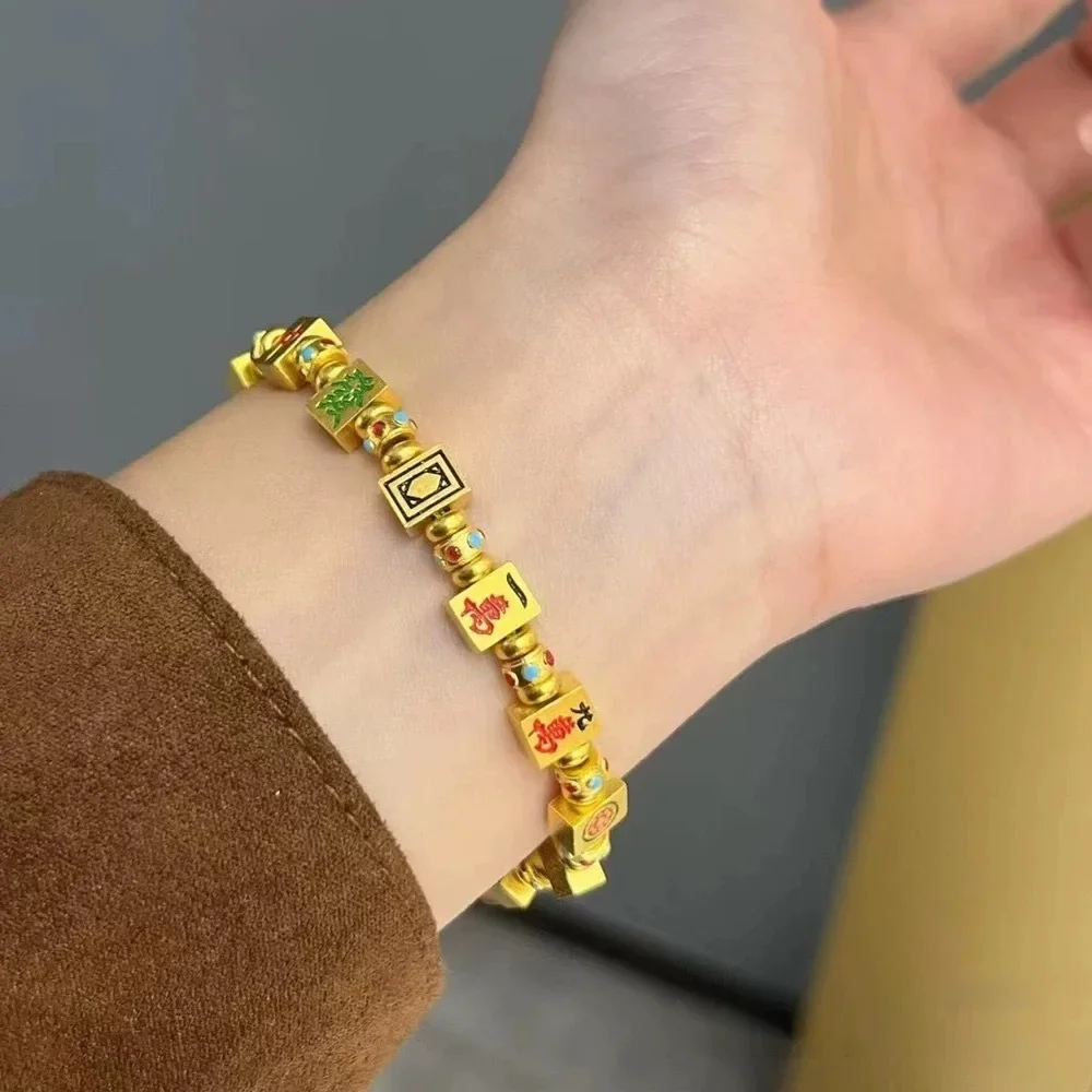 

Легкий роскошный новый браслет из 24-каратного настоящего золота с древней эмалью Маджонг au9999, модный дизайн из чистого золота, ювелирные изделия с чувством удачи